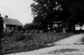 N.V. gården i Hummelsta by. Bilden visasr en del av mangårdstomten med köksträdgård. En bod är belägen nedanför den mindre byggningen och i linje med bildens främre kant.