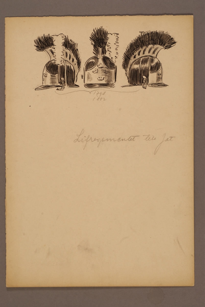 Kjell Hedberg, Plansch med huvudbonader för Livregementet till fot för åren 1798-1802, ritad av Einar von Strokirch.