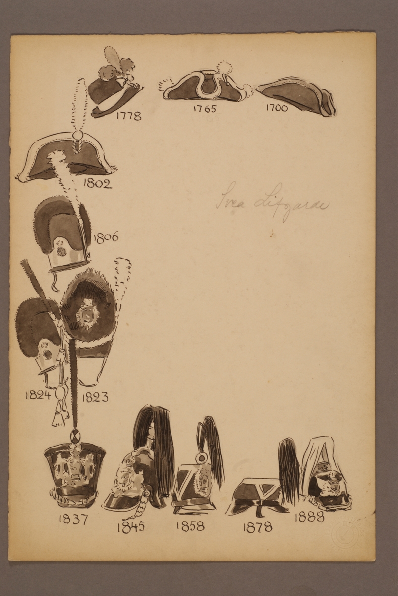 Kjell Hedberg, Plansch with a headgear for the Svea lifetime garden for the years 1700-1888, drawn by Einar von Strokirch.