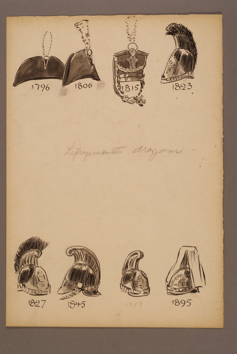 Kjell Hedberg, Plansch med huvudbonader för Livregementets dragoner för åren 1796-1895, ritad av Einar von Strokirch.