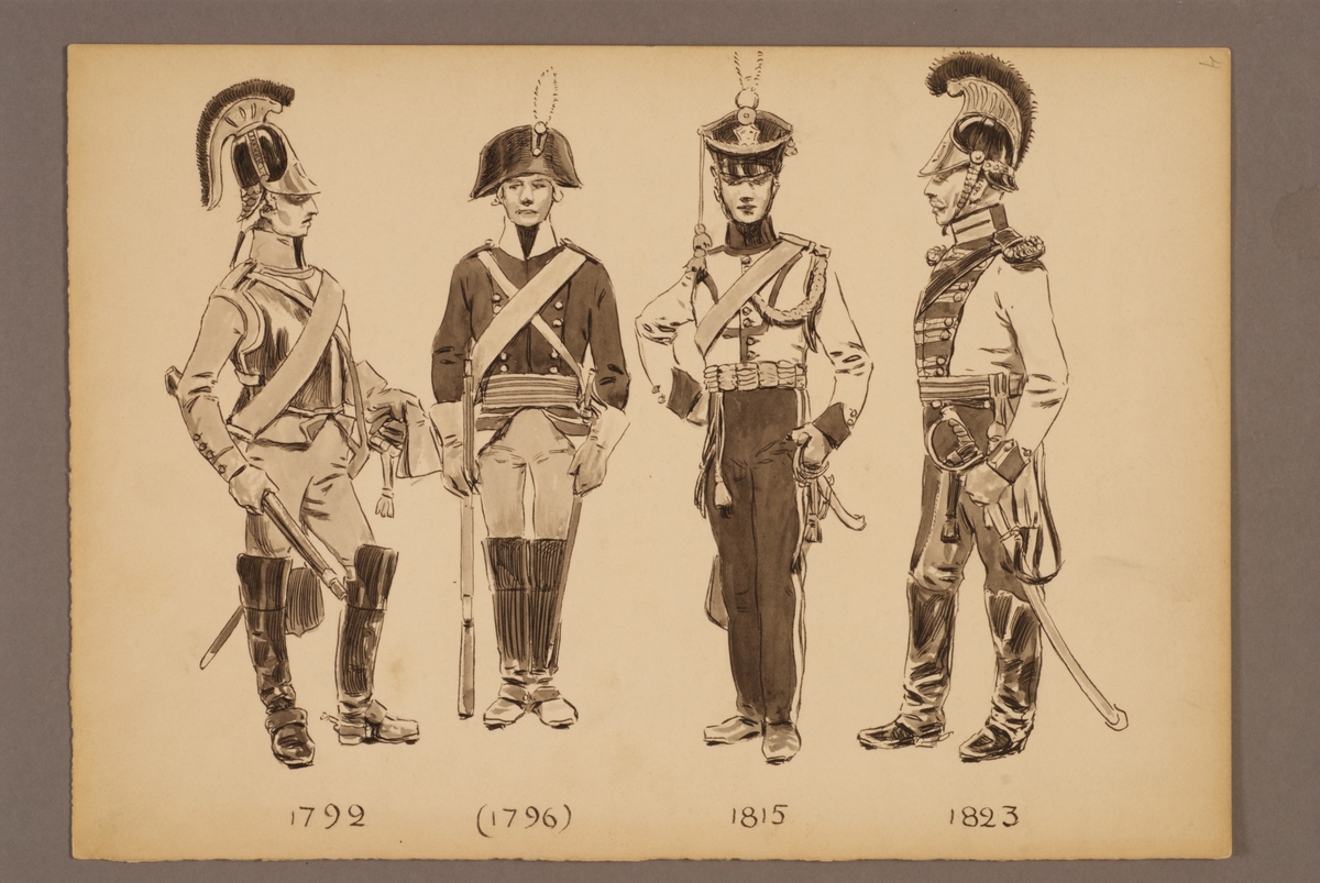 Kjell Hedberg, Plansch med uniform för Livregementets dragoner för åren 1792-1823, ritad av Einar von Strokirch.
