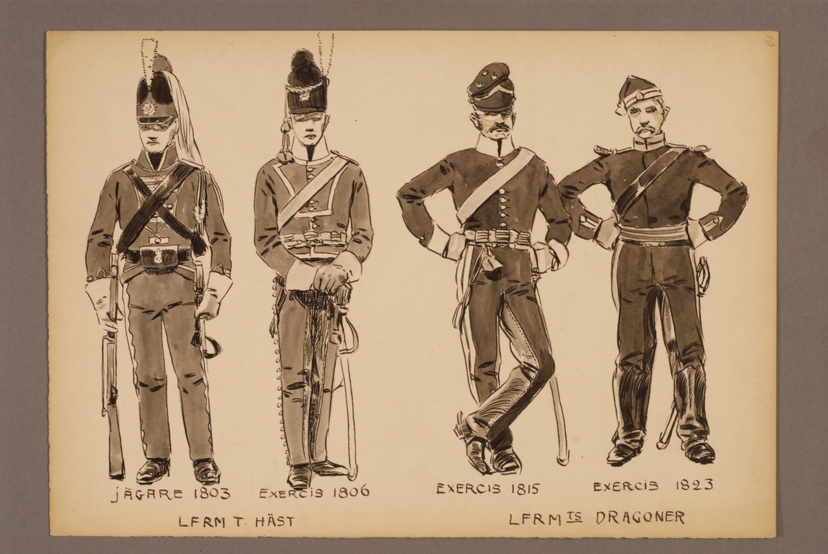 Kjell Hedberg, Plansch med uniform för Livregementets dragoner och Livregementets till häst, ritad av Einar von Strokirch.
