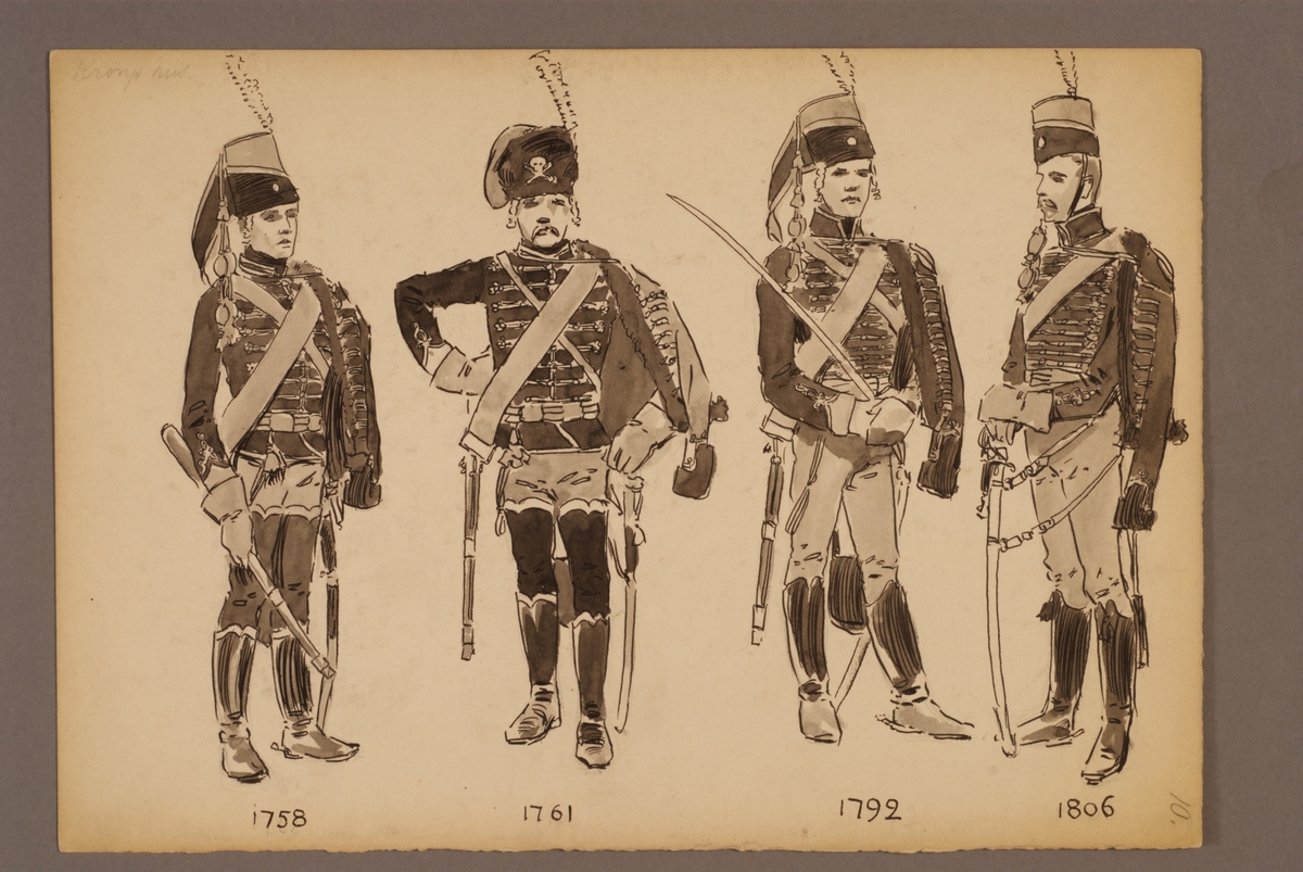 Kjell Hedberg, Plansch med uniform för Kronprinsens husarregemente för åren 1758-1806, ritad av Einar von Strokirch.