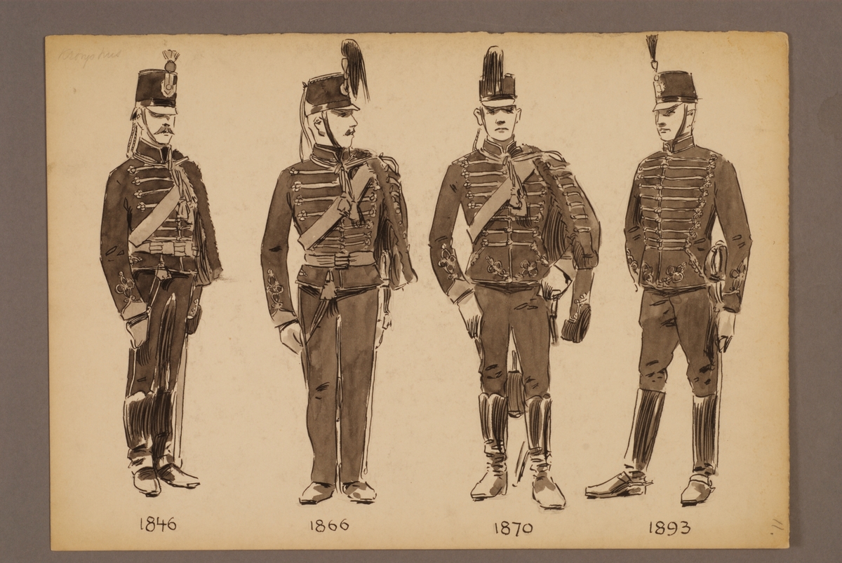 Kjell Hedberg, Plansch med uniform för Kronprinsens husarregemente för åren 1846-1893, ritad av Einar von Strokirch.
