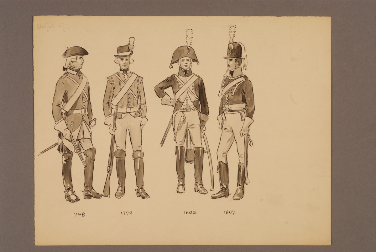 Kjell Hedberg, Plansch med uniform för Västgöta regemente för åren 1748-1807, ritad av Einar von Strokirch.