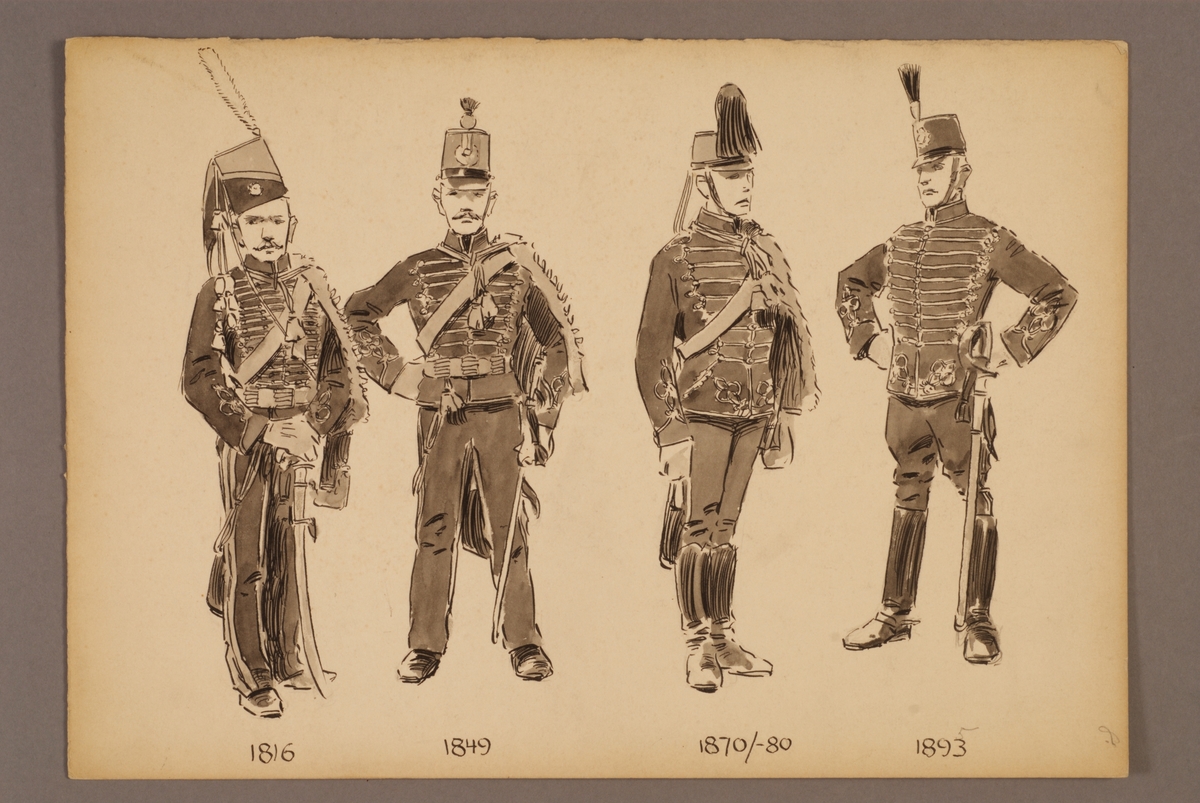 Kjell Hedberg, Plansch with a uniform for Skånska husarregemente, drawn by Einar von Strokirch.