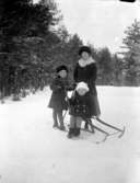 Tre barn i snö, år 1918: Syskonen Olle 6 år, Lars på sparken 4 år och deras kusin Lisa Blom 16 år (född 12/4 1902) som var dotter till deras faster Maria som bodde i Grangärde.
Givaren berättar: 
