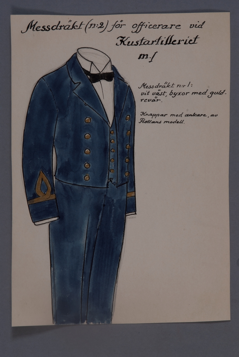 Kjell Hedberg, Uniformsteckning i original av Einar von Strokirch, mässdräkt för officer vid Kustartilleriet.