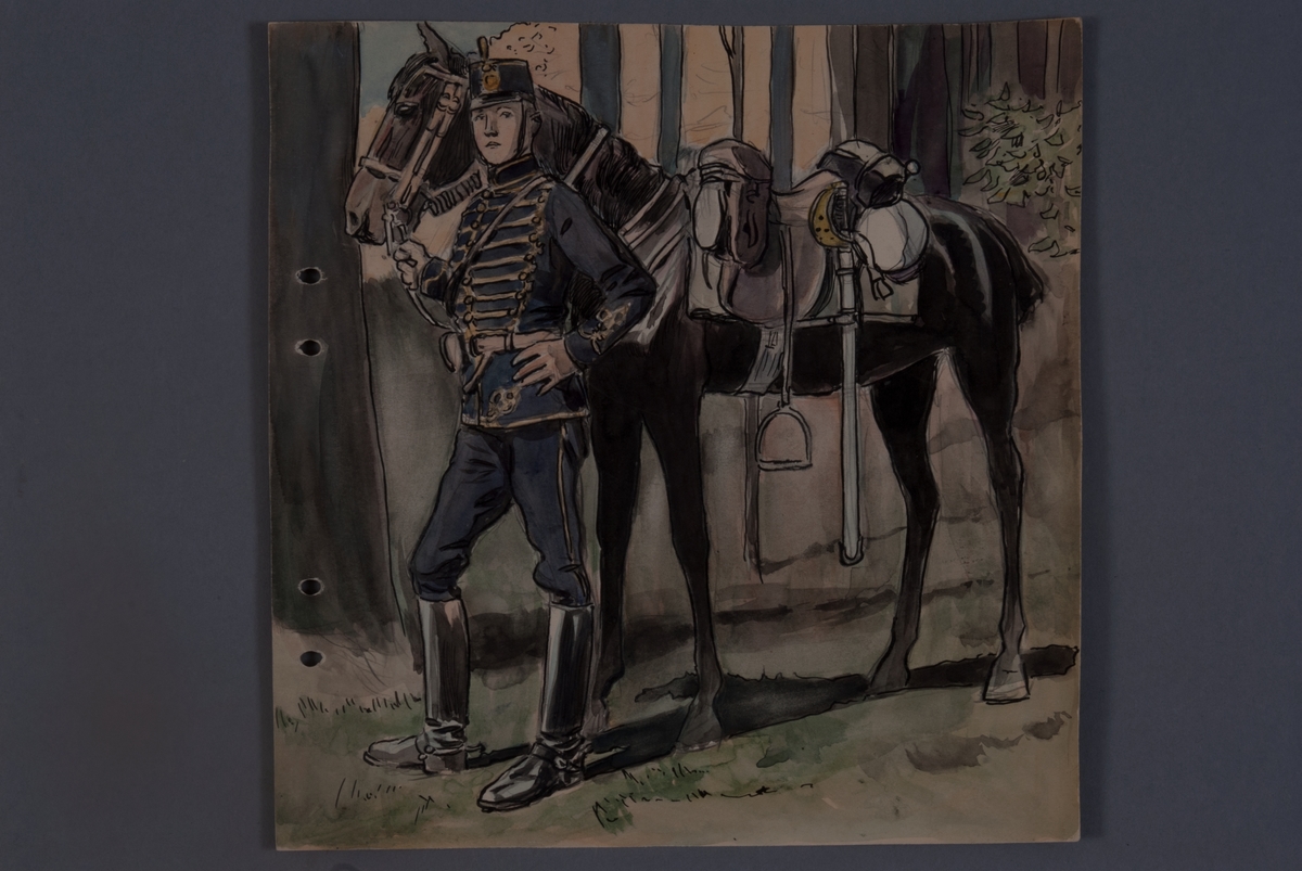 Kjell Hedberg, Plansch med uniform för Kronprinsens husarregemente K 7, ritad av Einar von Strokrich.