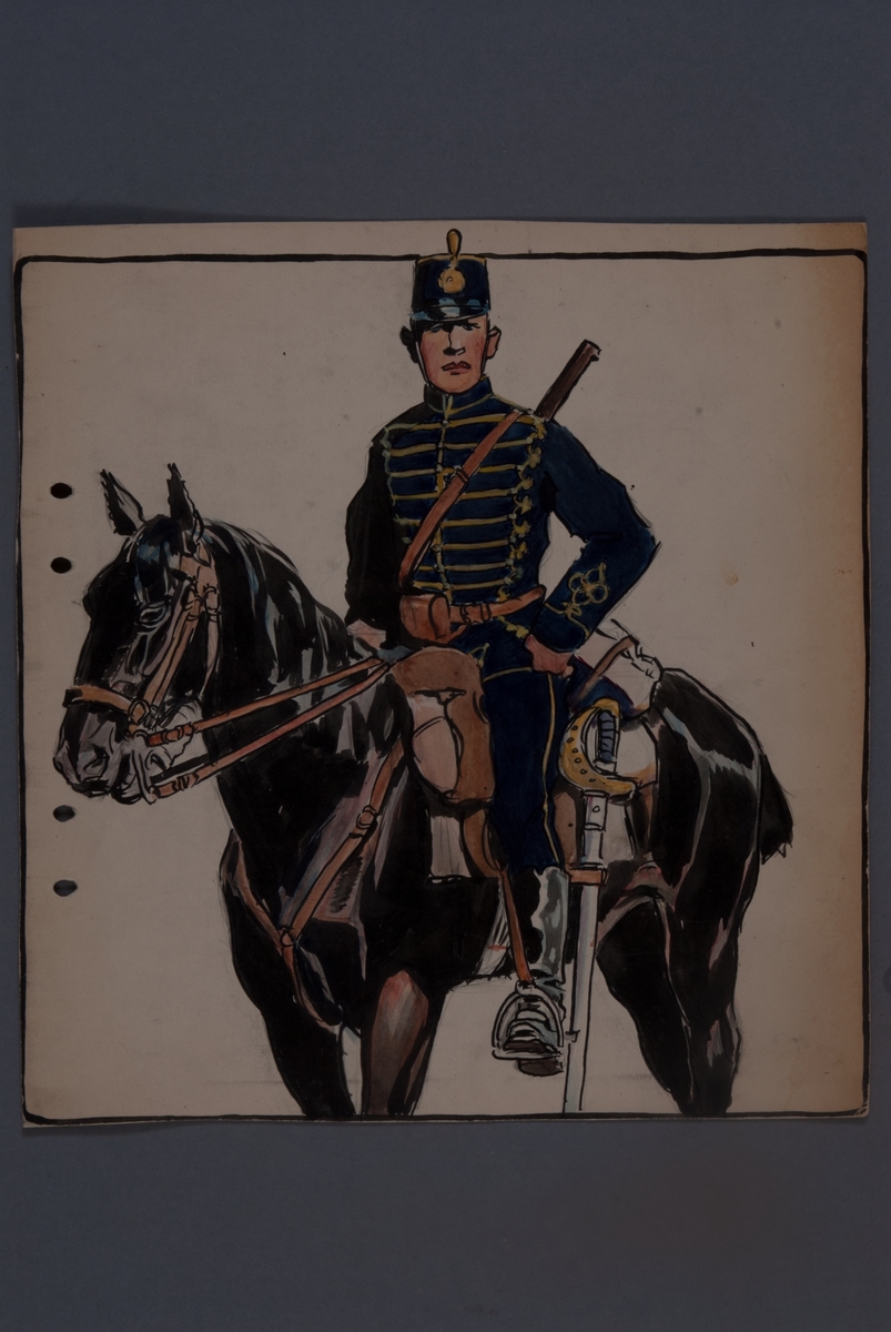 Kjell Hedberg, Plansch med uniform för Kronprinsens husarregemente, ritad av Einar von Strokrich.