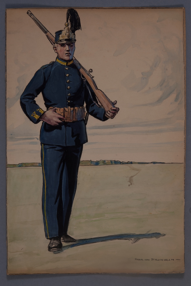 Kjell Hedberg, Soldat med gevär på axeln, teckning av Einar von Strokrich.