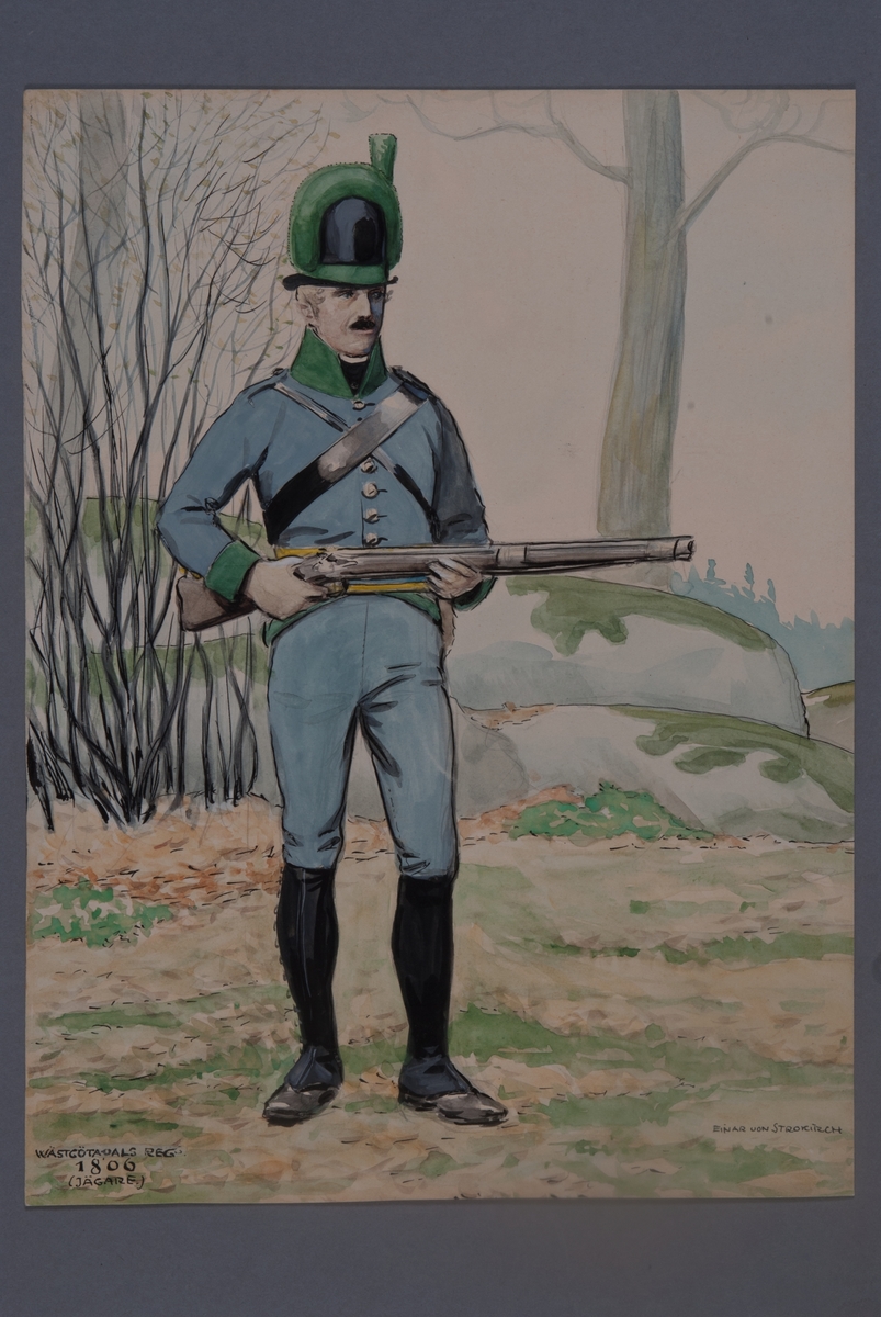 Kjell Hedberg, Plansch with a uniform for hunters at the regiment of West Göta-Dal for the year 1806, drawn by Einar von Strokrich.
