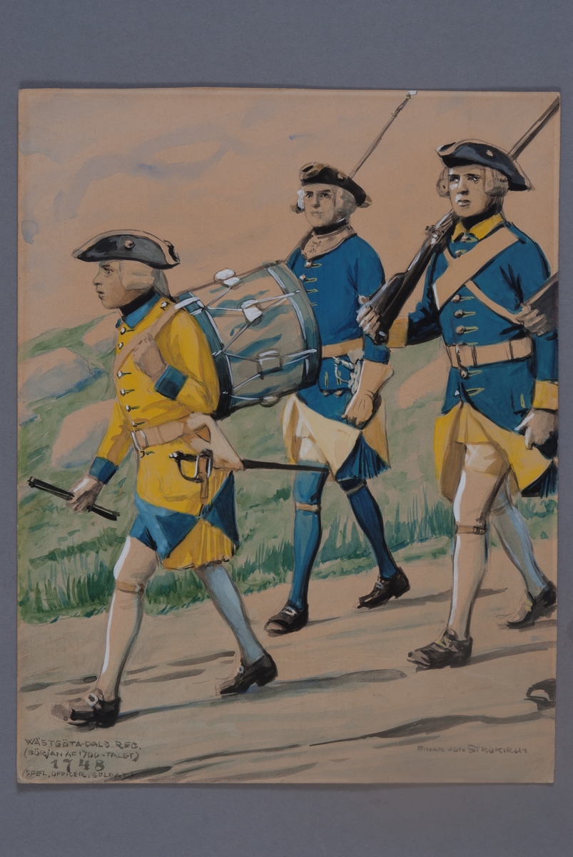 Kjell Hedberg, Plansch med uniform för soldat, officer och spel vid Västgöta-Dals regemente för år 1748 (början av 1700-talet), ritad av Einar von Strokrich.