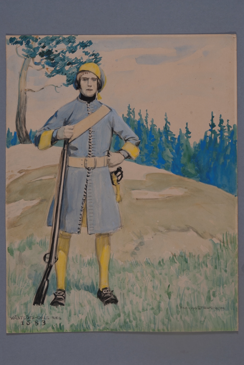Kjell Hedberg, Plansch med uniform för Västgöta-Dals regemente för år 1683, ritad av Einar von Strokrich.