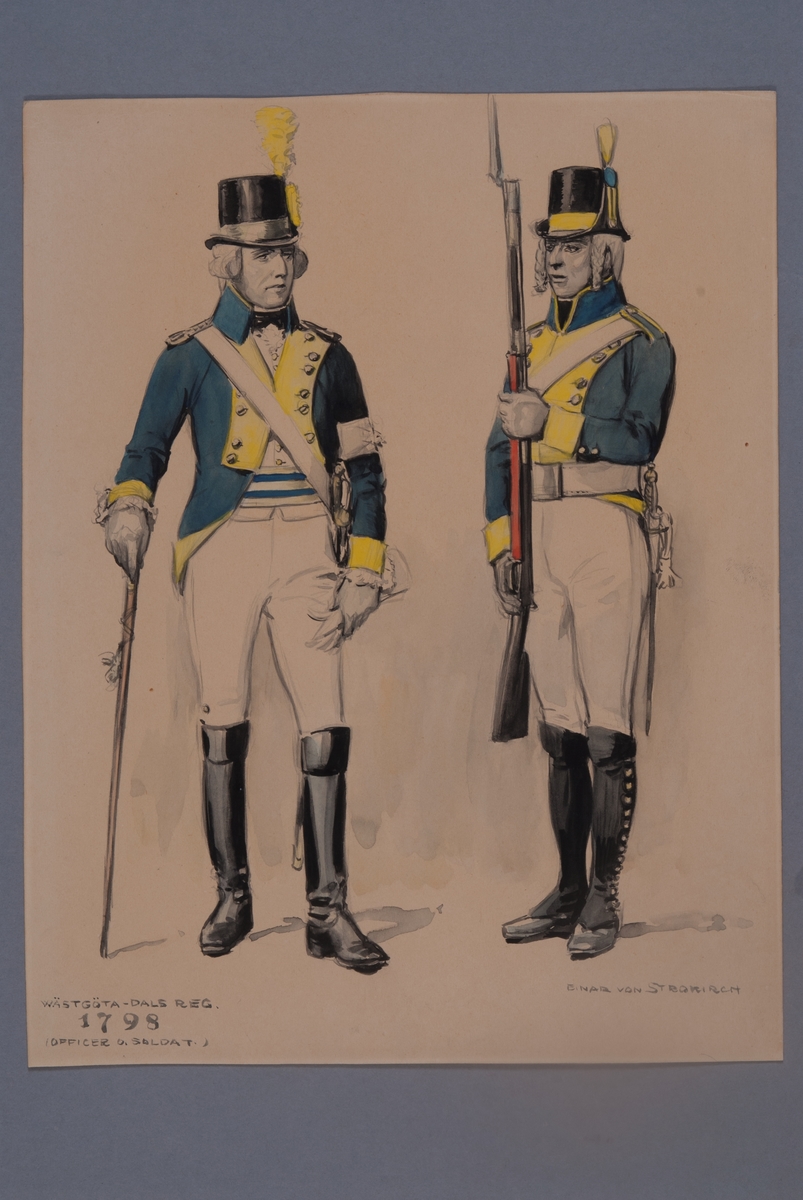 Kjell Hedberg, Plansch med uniform för soldat och officer vid Västgöta-Dals regemente för år 1798, ritad av Einar von Strokrich.