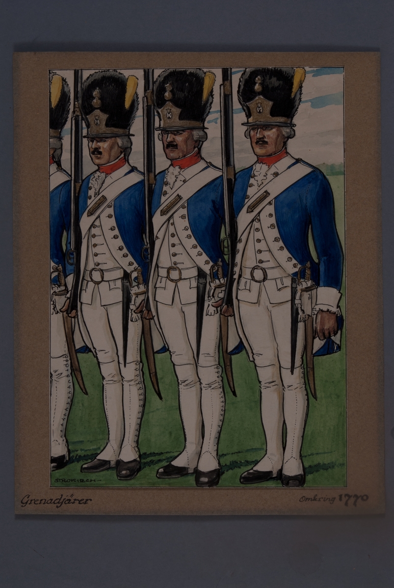 Kjell Hedberg, Plansch i original med uniform för grenadjärer omkring 1770, ritad av Einar von Strokirch.