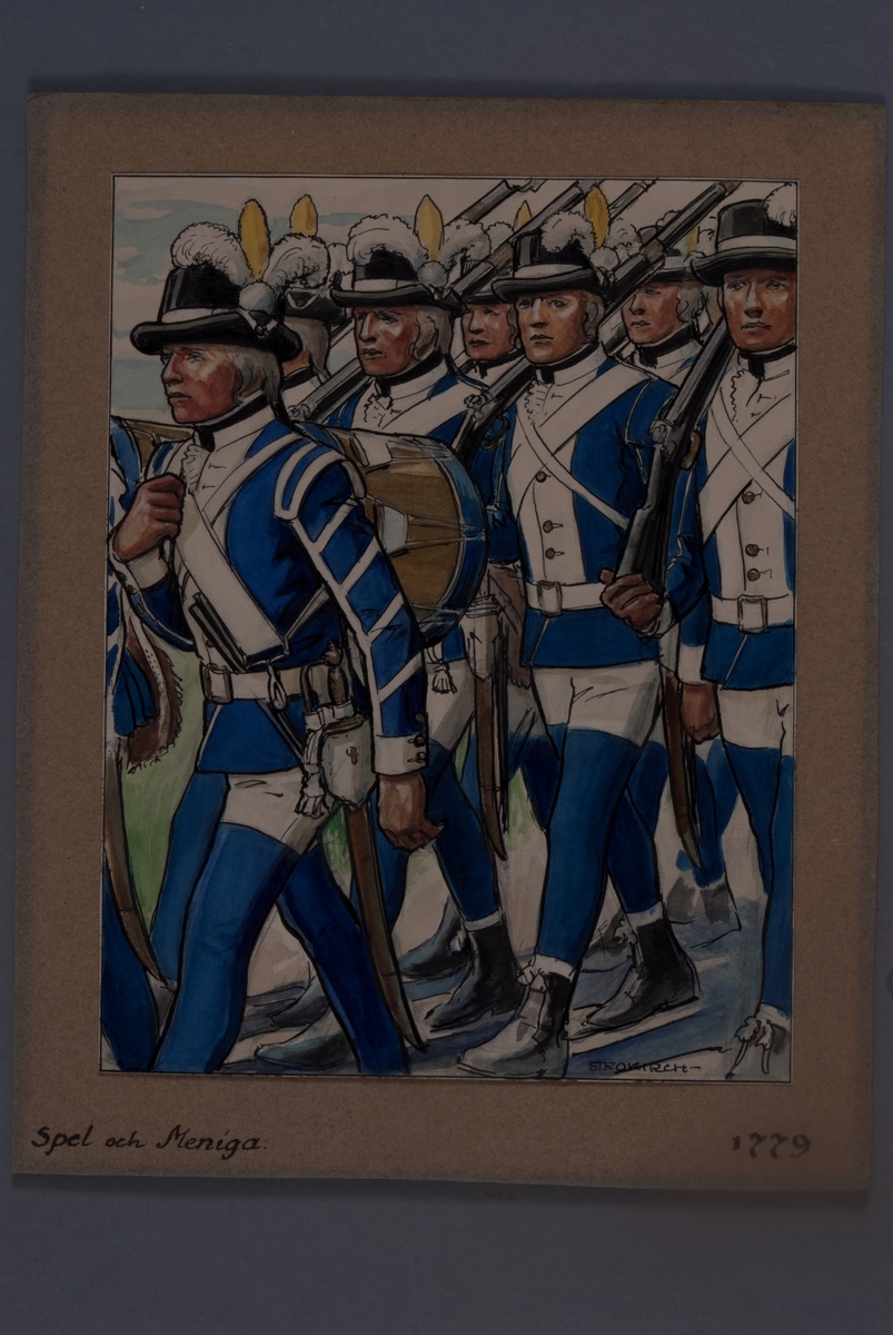 Kjell Hedberg, Plansch i original med uniform för spel och meniga för år 1779, ritad av Einar von Strokirch.