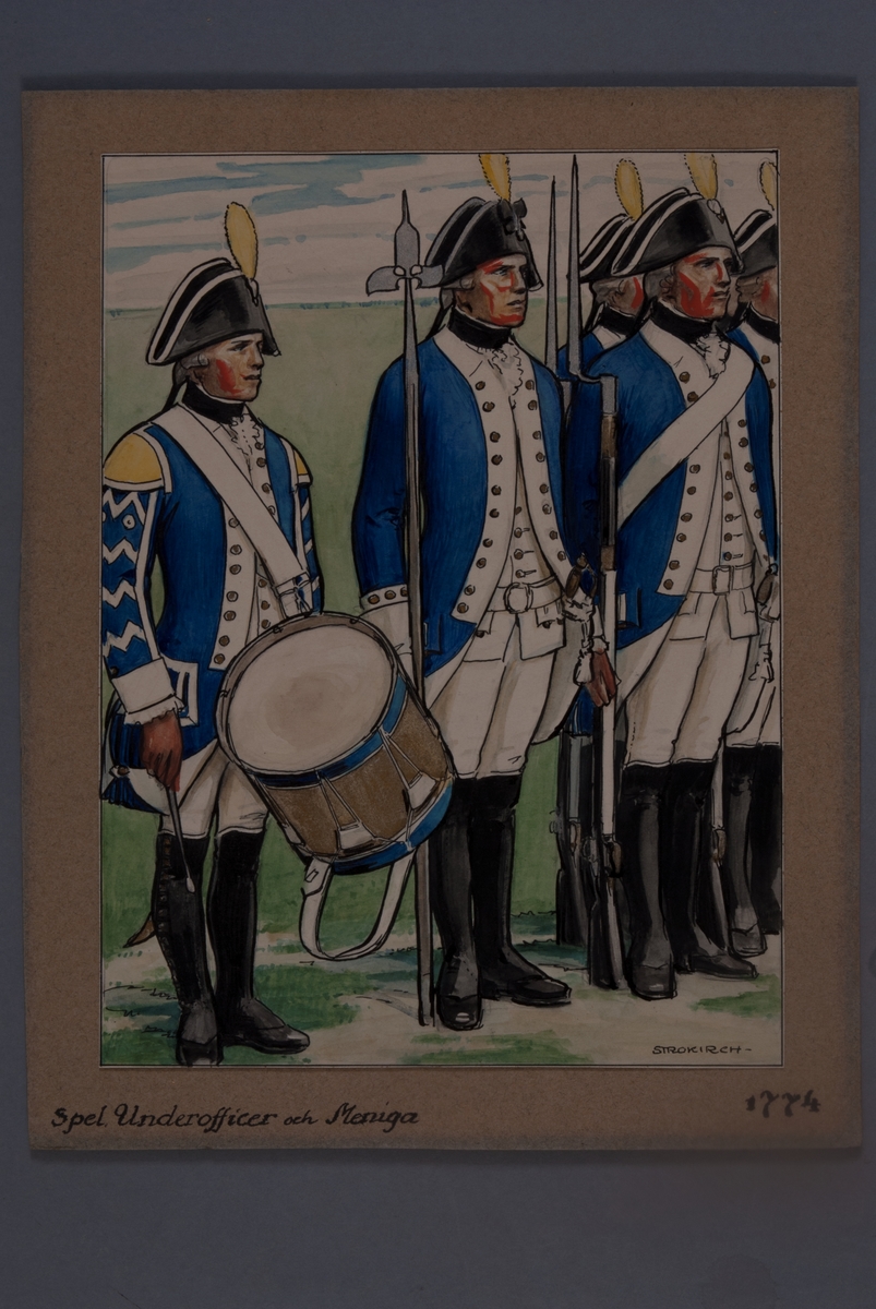 Kjell Hedberg, Plansch i original med uniform för spel, underofficer och meniga för år 1774, ritad av Einar von Strokirch.