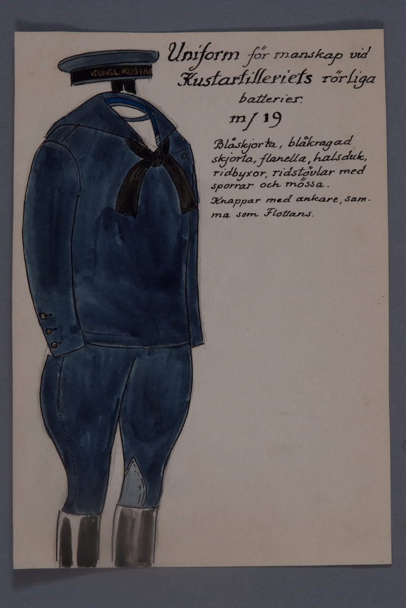 Kjell Hedberg, Uniformsteckning i original av Einar von Strokirch, för manskap vid Kustartilleriets rörliga batterier.