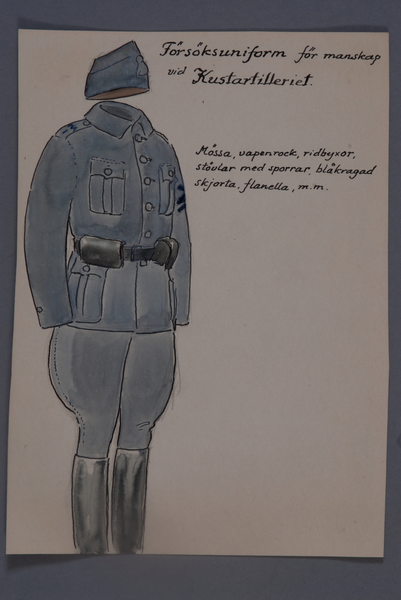 Kjell Hedberg, Uniformsteckning i original av Einar von Strokirch, försöksuniform för manskap vid Kustartilleriet.