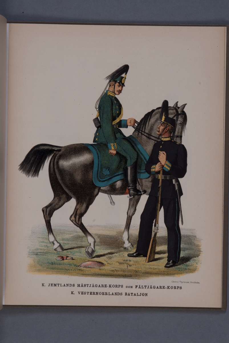 Kjell Hedberg, Plansch i färgtryck med uniform för Jämtlands hästjägarkår, Jämtlands fältjägarkår och Västernorrlands bataljon. Ingår i boken Svenska arméns och flottans uniformer, utgiven av P.B Eklund 1891.