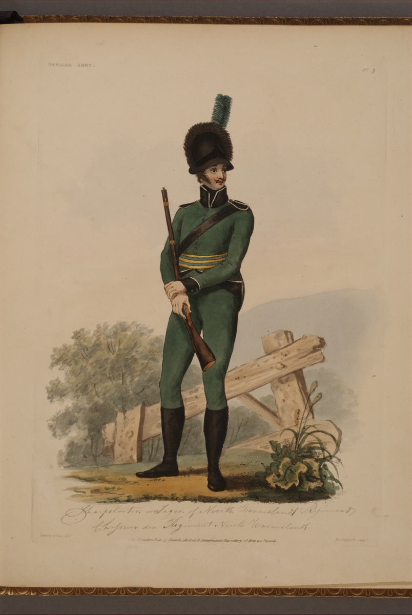 Kjell Hedberg, Plansch med uniform för jägare vid Närke-Värmlands regemente, ritad av Frederic Eben i boken The Swedish Army, utgiven 1808.