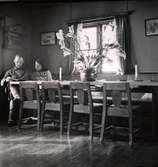Interiör Sylarnas fjällstation, Jämtland. En kvinna och en man sitter vid ena änden på ett långt bord och läser. 
