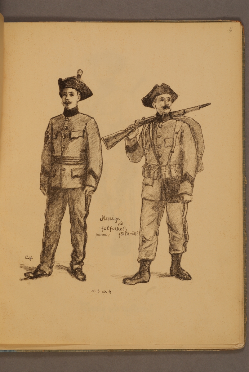 Kjell Hedberg, Menig vid fotfolket iförd paraduniform m/1906 och fältuniform m/1906. Illustration av Carl Hellström i skriften Huvudsakliga innehållet af Generalorder den 26 okt. 1906 n:r 1170-1176.