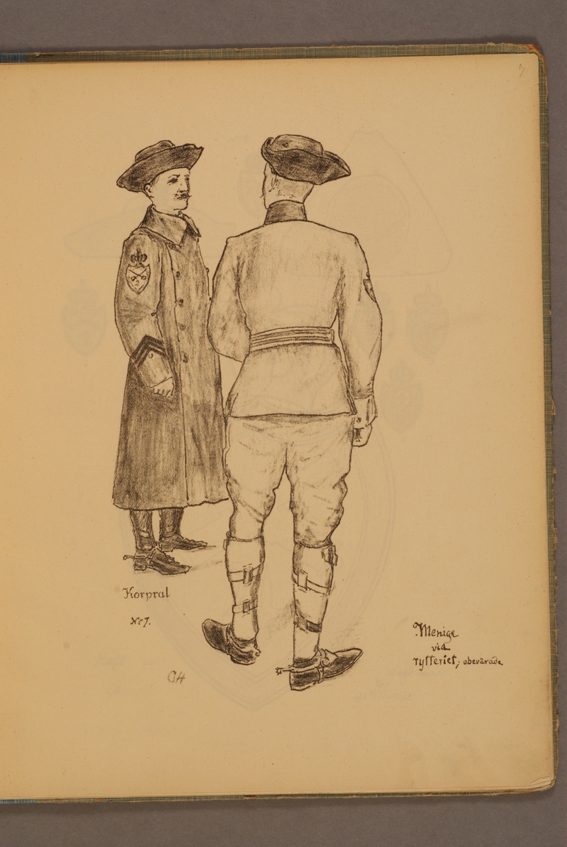 Kjell Hedberg, Korpral och menig vid rytteriet iförda uniform m/1906. Illustration av Carl Hellström i skriften Huvudsakliga innehållet af Generalorder den 26 okt. 1906 n:r 1170-1176.
