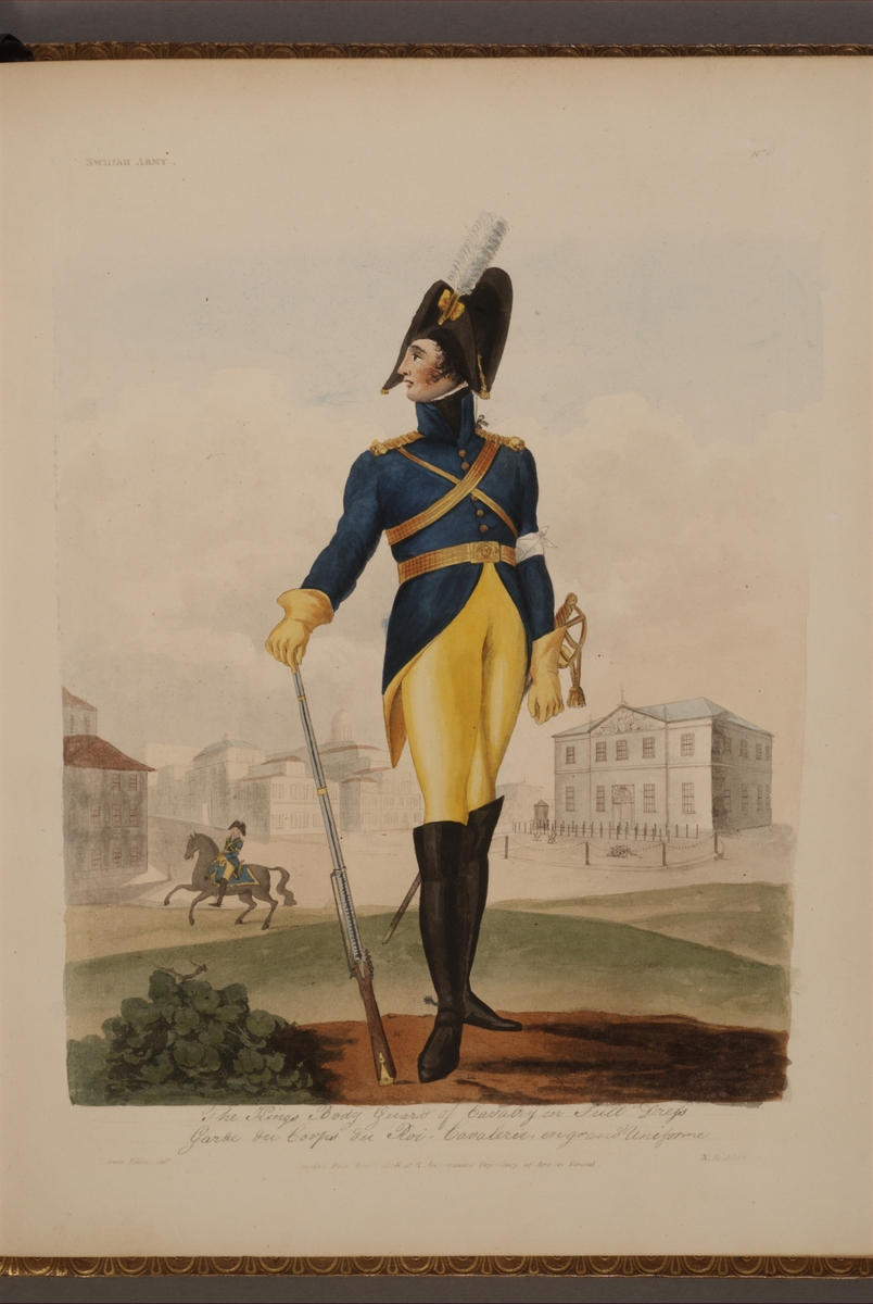 Kjell Hedberg, Plansch med uniform för Livdrabantkåren, ritad av Frederic Eben i boken The Swedish Army, utgiven 1808.