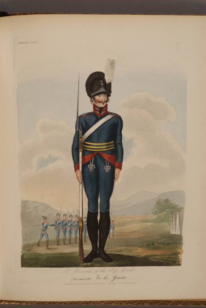 Kjell Hedberg, Plansch med uniform för Livgrenadjärregementet, ritad av Frederic Eben i boken The Swedish Army, utgiven 1808.