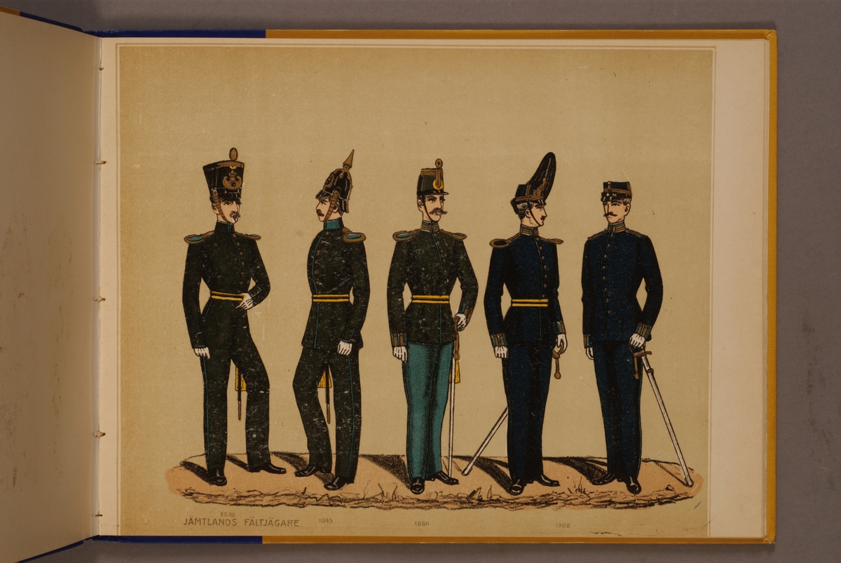 Kjell Hedberg, Plansch i färgtryck med uniform för Jämtlands fältjägare för åren 1838-1902. Ingår i planschsamlingen Svenska arméns och flottans officersmunderingar utgiven av P.B Eklund.