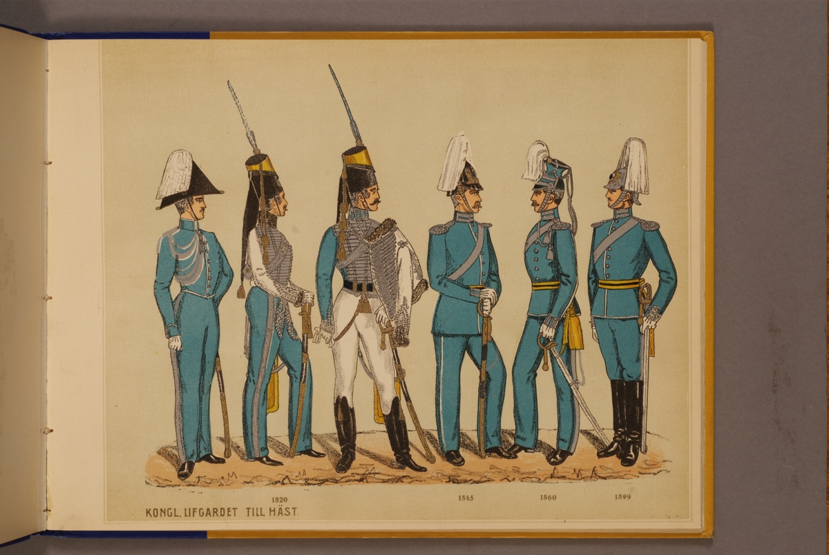 Kjell Hedberg, Plansch i färgtryck med uniform för Livgardet till häst för åren 1820-1899. Ingår i planschsamlingen Svenska arméns och flottans officersmunderingar utgiven av P.B Eklund.