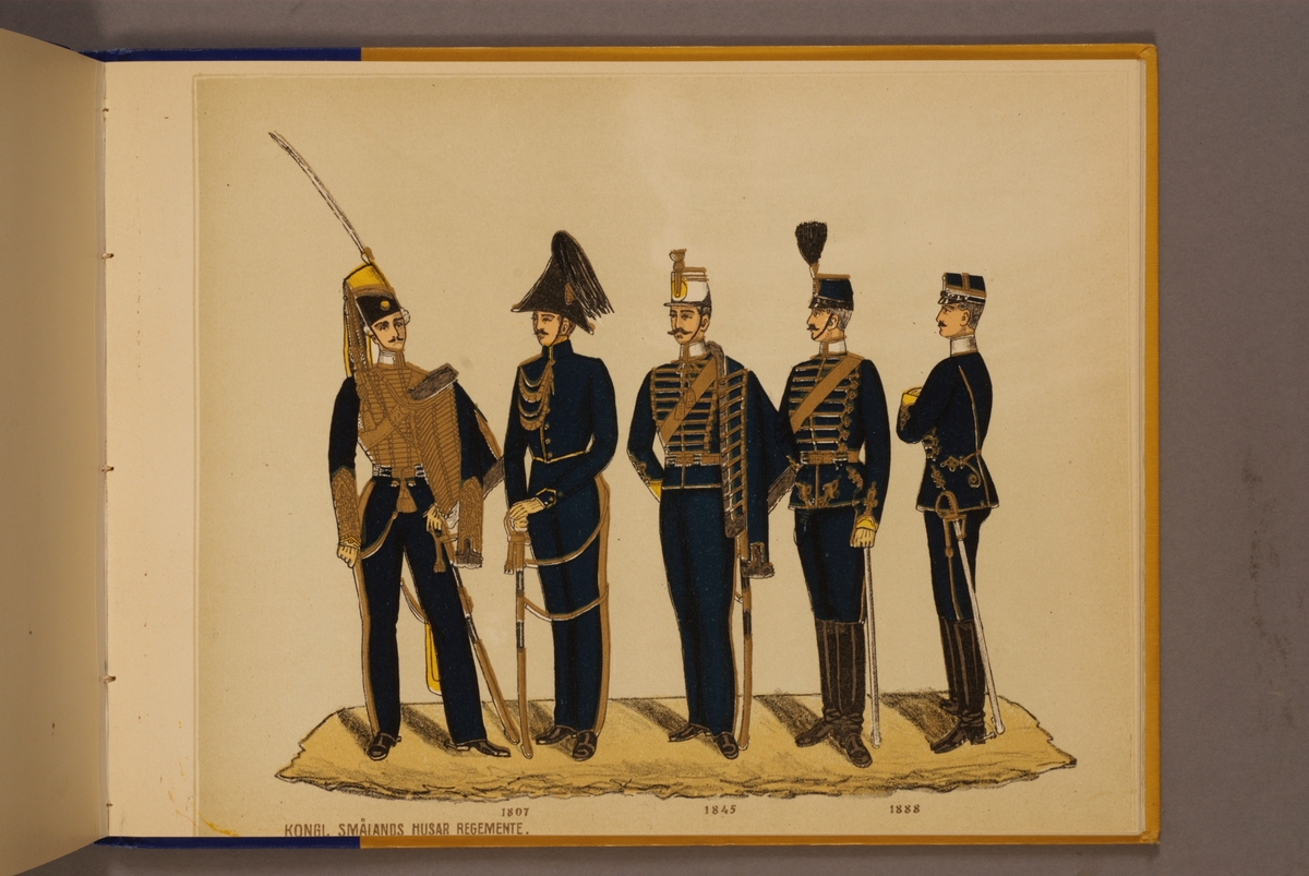 Kjell Hedberg, Plansch i färgtryck med uniform för Smålands husarregemente för åren 1807-1888. Ingår i planschsamlingen Svenska arméns och flottans officersmunderingar utgiven av P.B Eklund.