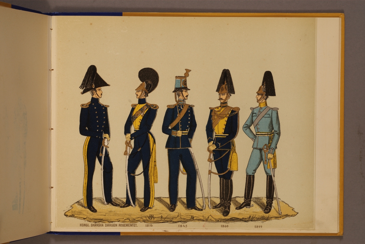 Kjell Hedberg, Plansch i färgtryck med uniform för Skånska dragonregementet för åren 1816-1899. Ingår i planschsamlingen Svenska arméns och flottans officersmunderingar utgiven av P.B Eklund.