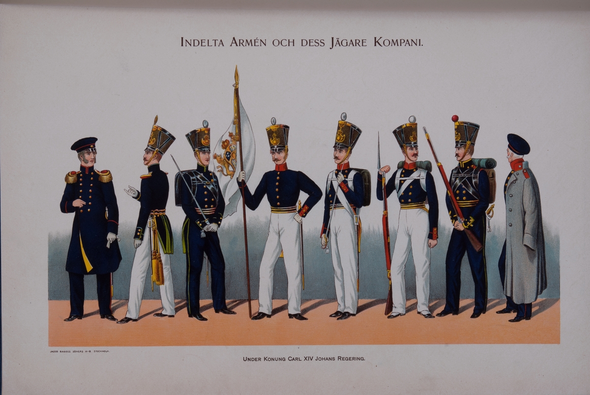 Kjell Hedberg, Plansch med uniform för indelta armén och dess jägarkompani under Karl XIV Johans regering. Ingår i boken Svenska krigsmakten under konungarna Carl XIV Johan, Oscar I, Karl XV, Oscar II, utgiven av P.B. Eklund.