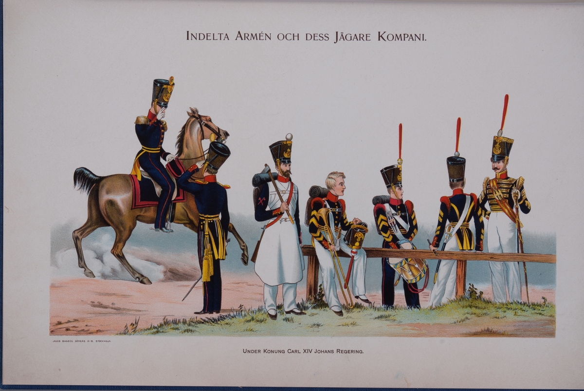 Kjell Hedberg, Plansch med uniform för indelta armén och dess jägarkompani under Karl XIV Johans regering. Ingår i boken Svenska krigsmakten under konungarna Carl XIV Johan, Oscar I, Karl XV, Oscar II, utgiven av P.B. Eklund.