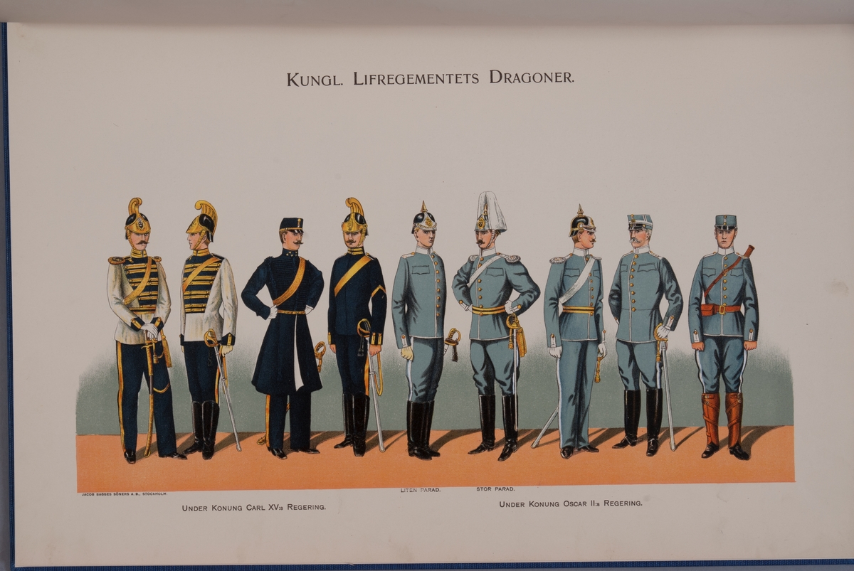 Kjell Hedberg, Plansch with uniform for the dragons of the Livregementet during the reign of Karl XV and Oscar II. Included in the book Swedish War Power during the King Carl XIV Johan, Oscar I, Karl XV, Oscar II, published by P.B. Eklund.
