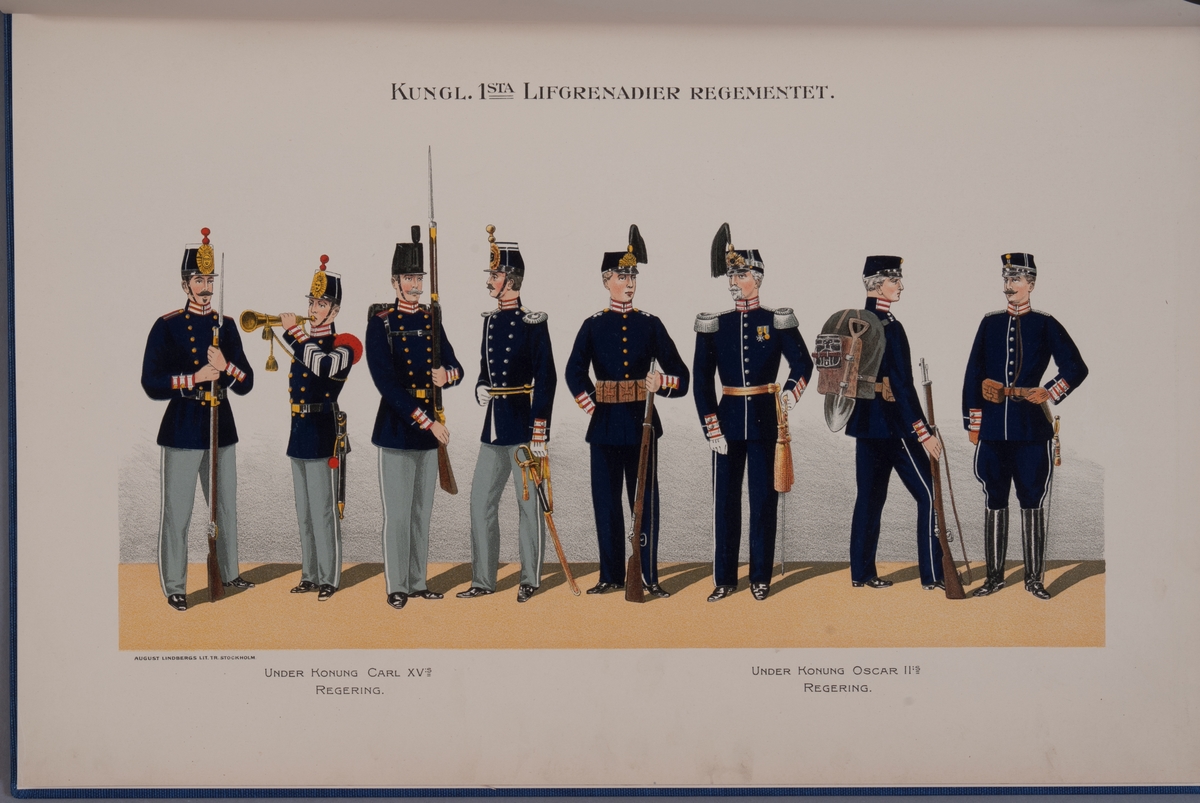 Kjell Hedberg, Plansch med uniform för Första livgrenadjärregementet under Karl XV regering och Oscar II regering. Ingår i boken Svenska krigsmakten under konungarna Carl XIV Johan, Oscar I, Karl XV, Oscar II, utgiven av P.B. Eklund.
