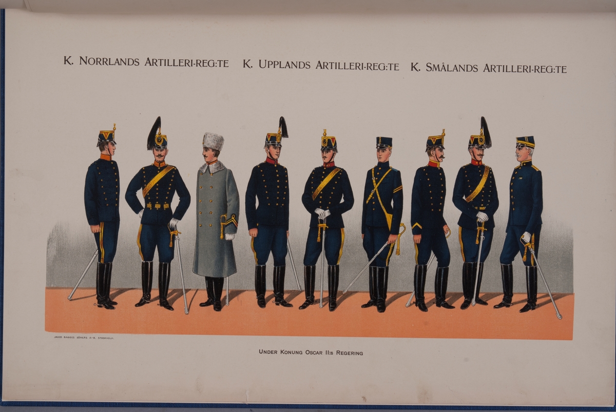 Kjell Hedberg, Plansch med uniform för Norrlands artilleriregemente, Upplands artilleriregemente och Smålands artilleriregemente under Oscar II regering. Ingår i boken Svenska krigsmakten under konungarna Carl XIV Johan, Oscar I, Karl XV, Oscar II, utgiven av P.B. Eklund.