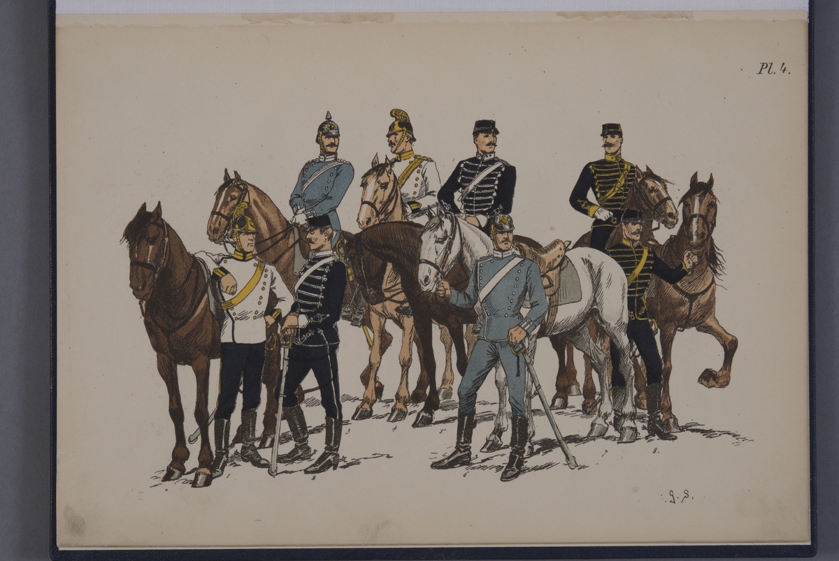 Kjell Hedberg, Plansch med uniform för Livgardet till häst, Livregementets dragonkår, Livregementets husarkår och Smålands husarregemente. Ingår i planschsamlingen Svenska armén - 7 planscher i färgtryck, utgiven av Otto Holmgren.