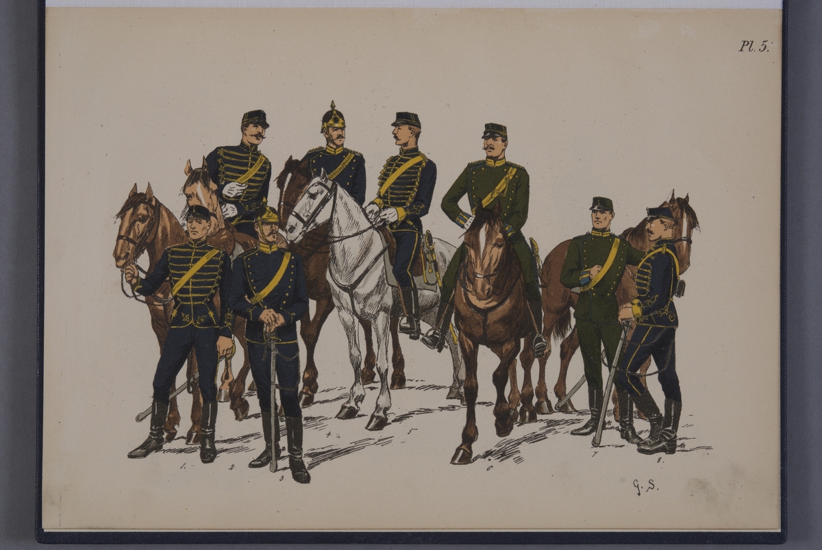Kjell Hedberg, Plansch med uniform för Skånska husarregementet, Skånska dragonregementet, Kronprinsens husarregemente och Jämtlands hästjägarkår. Ingår i planschsamlingen Svenska armén - 7 planscher i färgtryck, utgiven av Otto Holmgren.