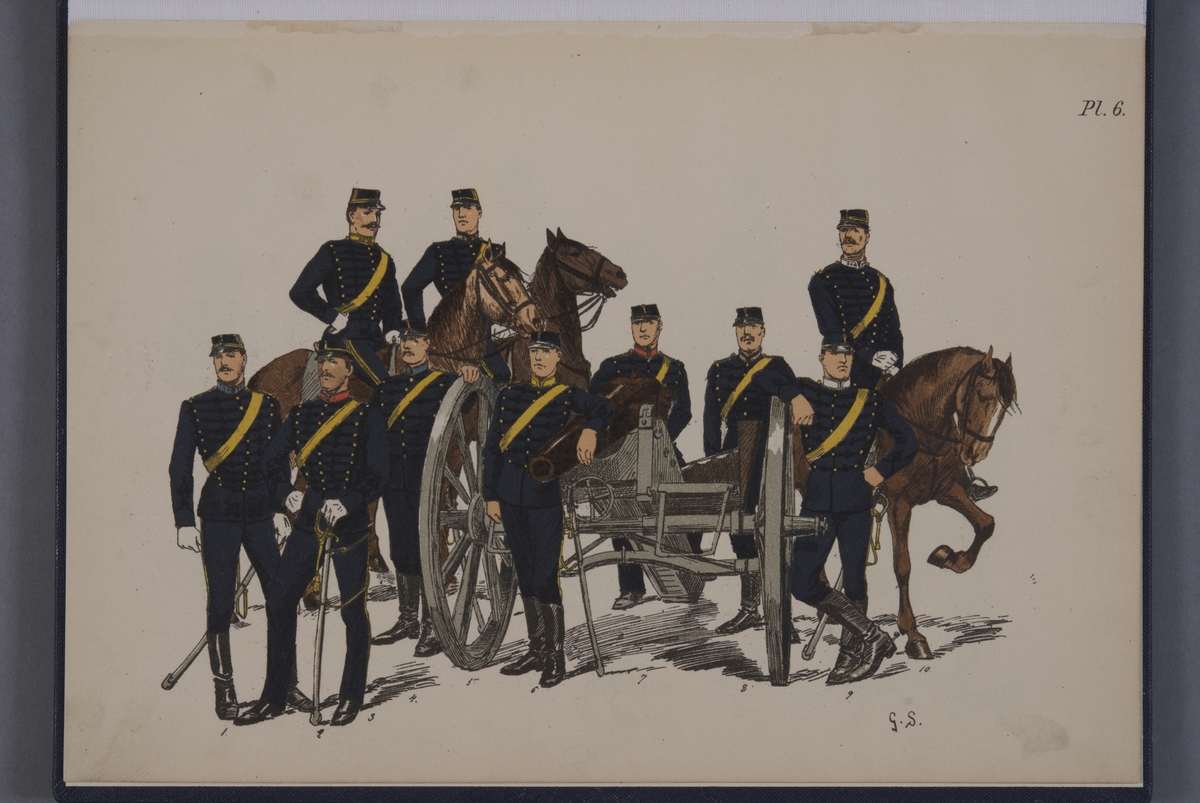 Kjell Hedberg, Plansch med uniform för Svea artilleriregemente, Göta artilleriregemente, Wendes artilleriregemente, Gotlands artillerikår och Vaxholm artillerikår. Ingår i planschsamlingen Svenska armén - 7 planscher i färgtryck, utgiven av Otto Holmgren.