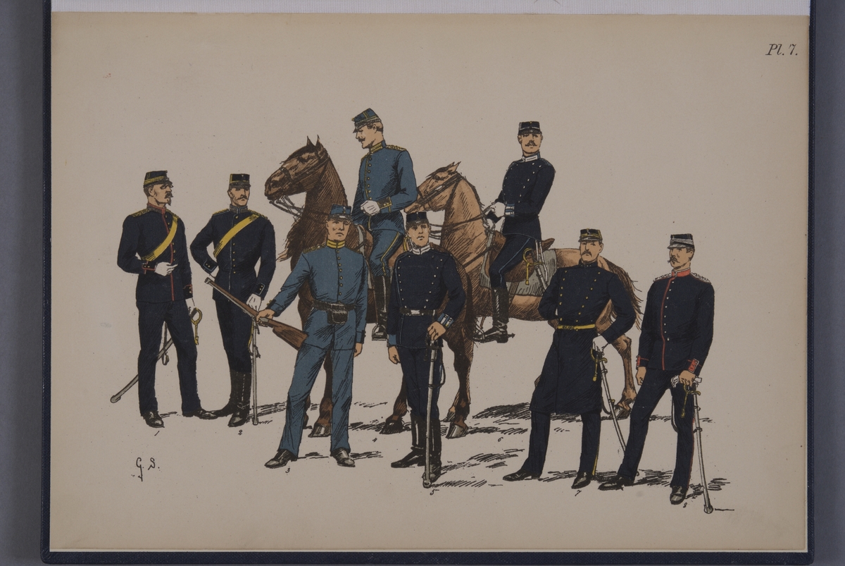 Kjell Hedberg, Plansch med uniform för Fortifikationen, Trängen, Auditörstaten, Fältläkarkåren, Intendenturkåren och Veterinärstaten. Ingår i planschsamlingen Svenska armén - 7 planscher i färgtryck, utgiven av Otto Holmgren.