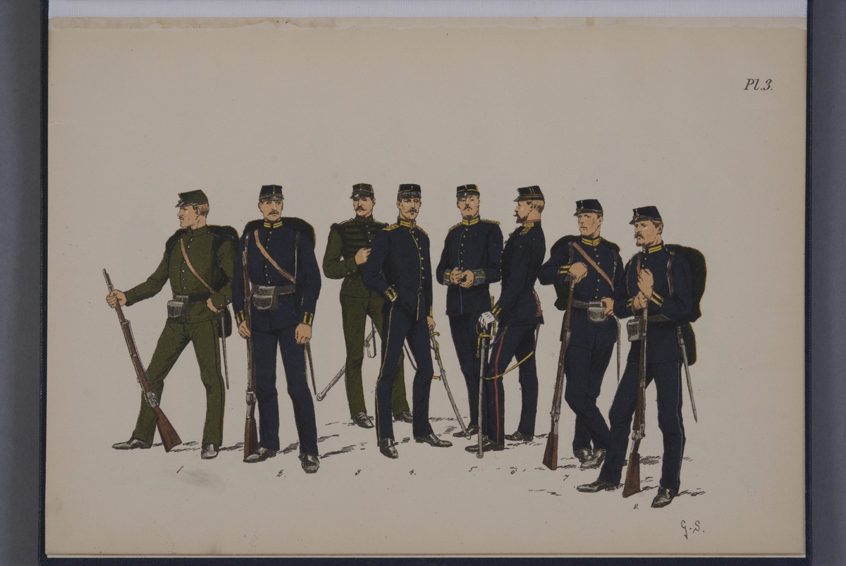 Kjell Hedberg, Plansch med uniform för Indelta infanteriregementena, Gotlands infanteriregemente, Hallands och Blekinge bataljoner, Norrbottens och Västerbottens fältjägarkår, Jämtlands fältjägarkår, Västernorrlands bataljon och Värmlands fältjägarkår. Ingår i planschsamlingen Svenska armén - 7 planscher i färgtr…