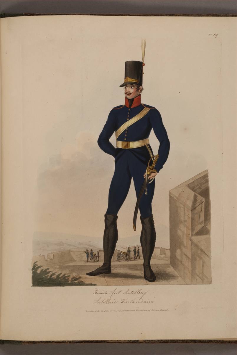 Kjell Hedberg, Plansch med uniform för Finska artilleriregementet, ritad av Frederic Eben i boken The Swedish Army, utgiven 1808.