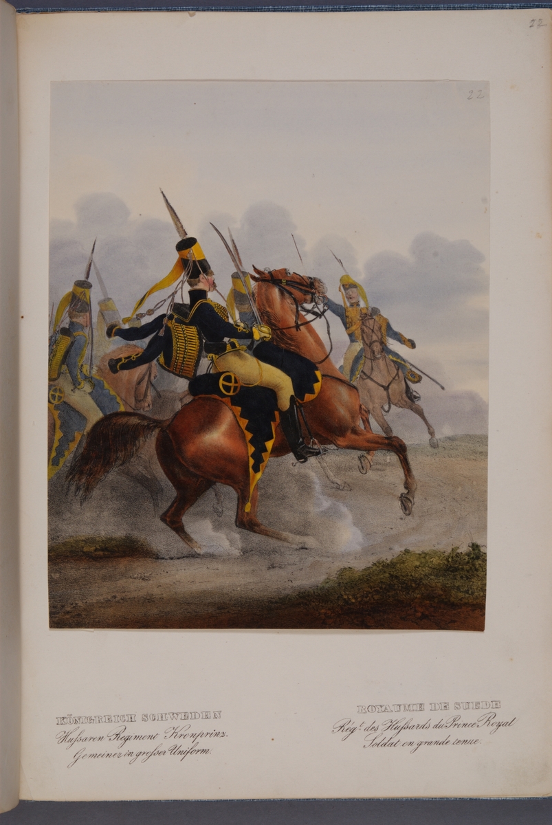 Kjell Hedberg, Plansch med paraduniform för manskap vid Kronprinsens husarregemente. Ingår i planschsamlingen Das europäische Heer in charakteristischen Gruppen: Scweden, utgiven av Eckert und Monten ca 1840.