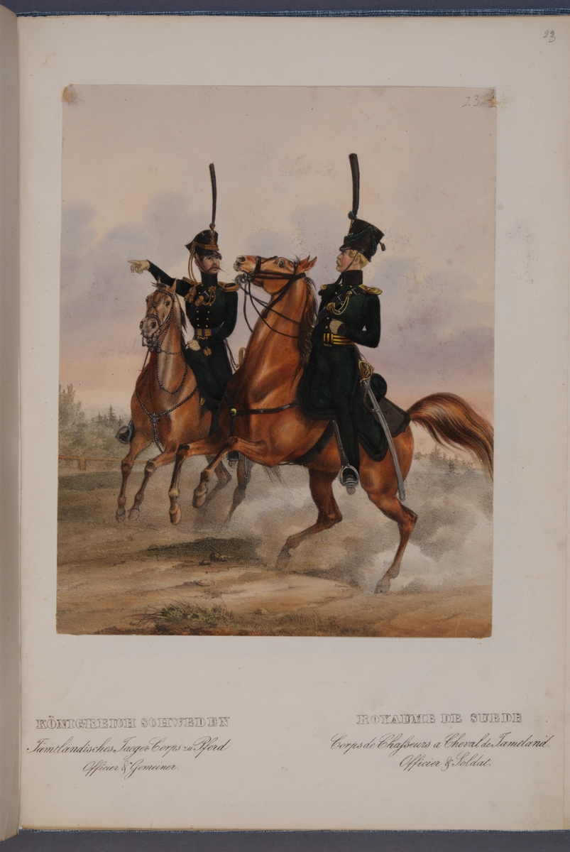 Kjell Hedberg, Plansch med uniform för officer och manskap vid Jämtlands hästjägarkår. Ingår i planschsamlingen Das europäische Heer in charakteristischen Gruppen: Scweden, utgiven av Eckert und Monten ca 1840.