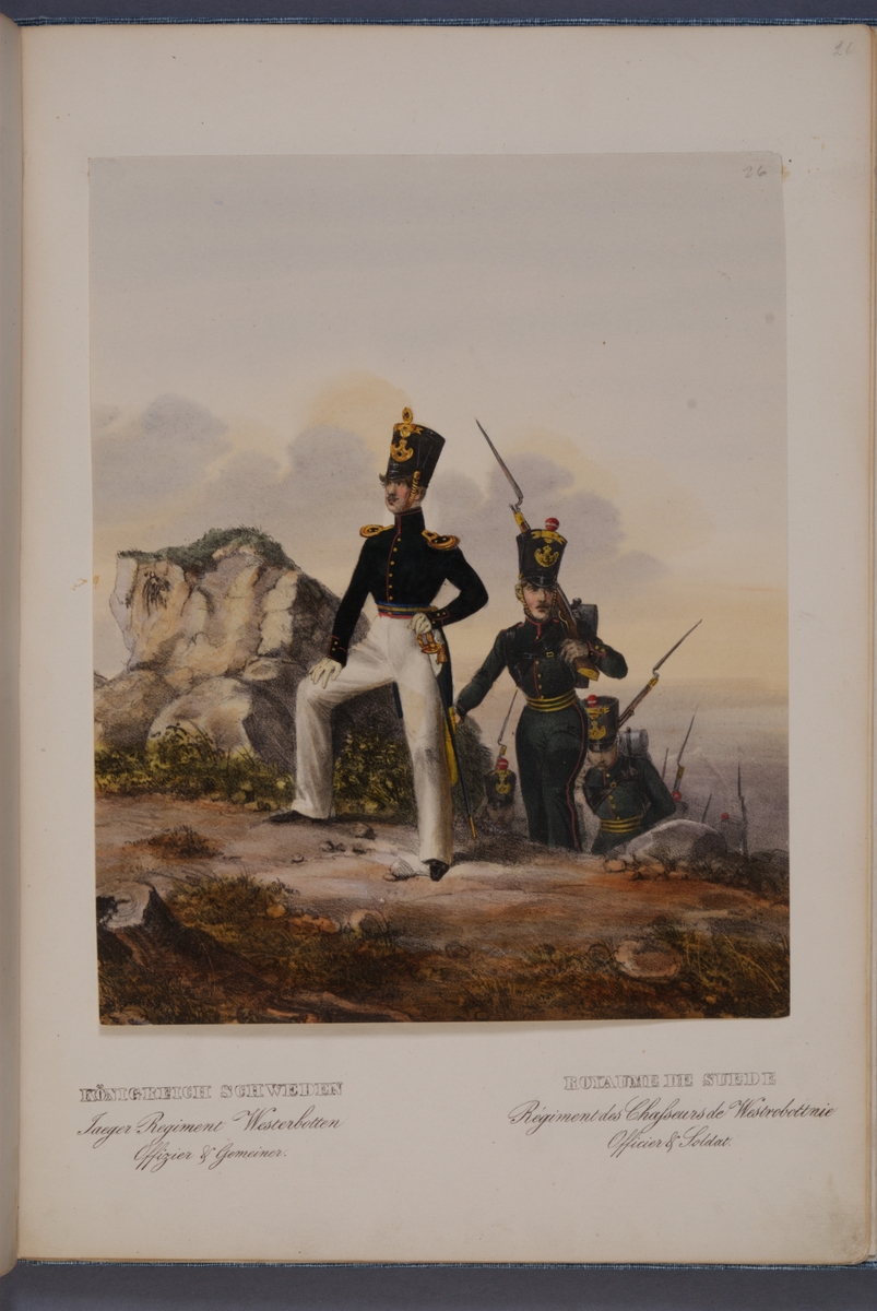 Kjell Hedberg, Plansch med uniform för officer och manskap vid Västerbottens fältjägarregemente. Ingår i planschsamlingen Das europäische Heer in charakteristischen Gruppen: Scweden, utgiven av Eckert und Monten ca 1840.
