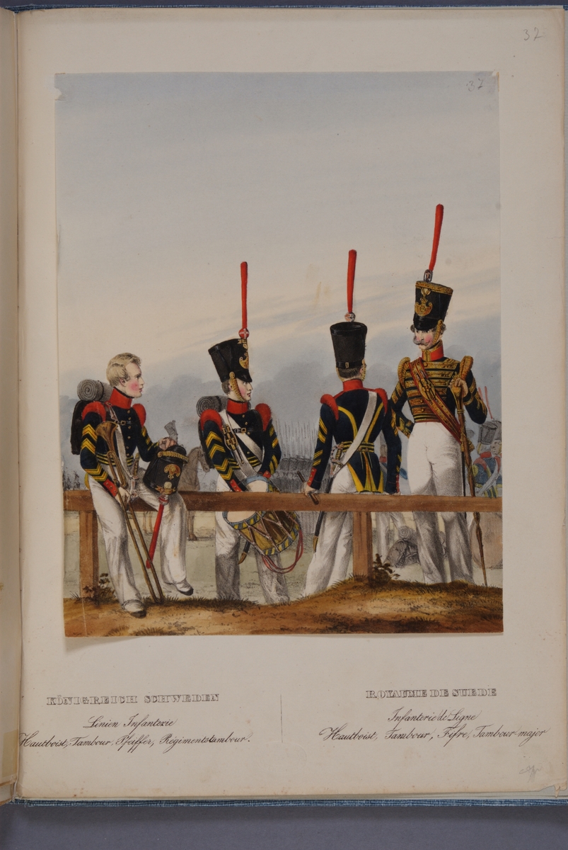 Kjell Hedberg, Plansch med uniform för spel vid infanteriet. Ingår i planschsamlingen Das europäische Heer in charakteristischen Gruppen: Scweden, utgiven av Eckert und Monten ca 1840.